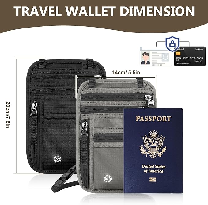 Likesing 5.5" L x 7.8" W Travel Neck Wallet, RFID Blocking Passport Holder for Travel Women Men, Security Lightweight Passport Travel Wallet, Neck Pouch Gifts for Traveling Family (Grey)