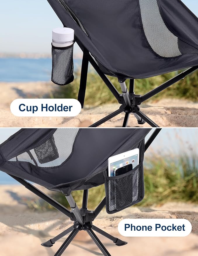 Docusvect Swivel Portable Camping Chair for Adults, Fast Setup, Lightweight & Small Folding Chair with Cup Holder, Side Pocket and Carry Bag - Support 330 LBS