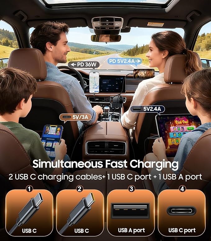 Retractable Car Charger, 4 in 1 Fast Charger USB C Car Truck Accessories, Travel Essentials Gifts for Women Men, Car Accessories for iPhone 17 Pro Max Air 16 15 14 13 Plus,Galaxy,Pixel-Black