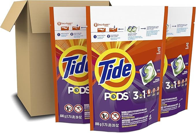 Tide PODS Laundry Detergent Soap Pods, Spring Meadow, 37 Count (Pack of 3 Bag Value Pack), Total 111 Count, HE Compatible