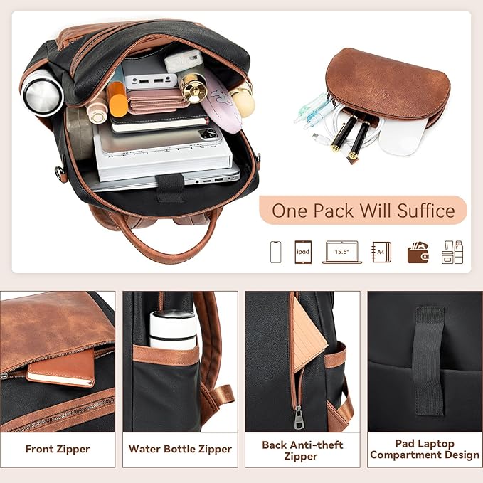 AGLOD Vegan Leather Laptop Backpack for Women 15.6 Inch Work Backpack Purse for Travel College