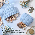 Huhumy 2 Pcs Puffy Makeup Bag Quilted Cosmetic Pouch for Women Cute Checkered Travel Toiletry Bag Puffer Makeup Organizer Purse Pouch Preppy Pencil Case with Zipper(Blue)