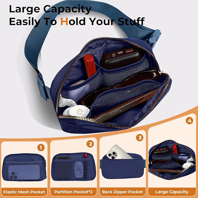 Belt Bag Zipper Fanny Pack Crossbody Bags for Women,Fashion Nylon Waist Packs, Water Repellent Two Way wear with Adjustable Strap Gifts for Teenage Girls Women Men(Royal blue)