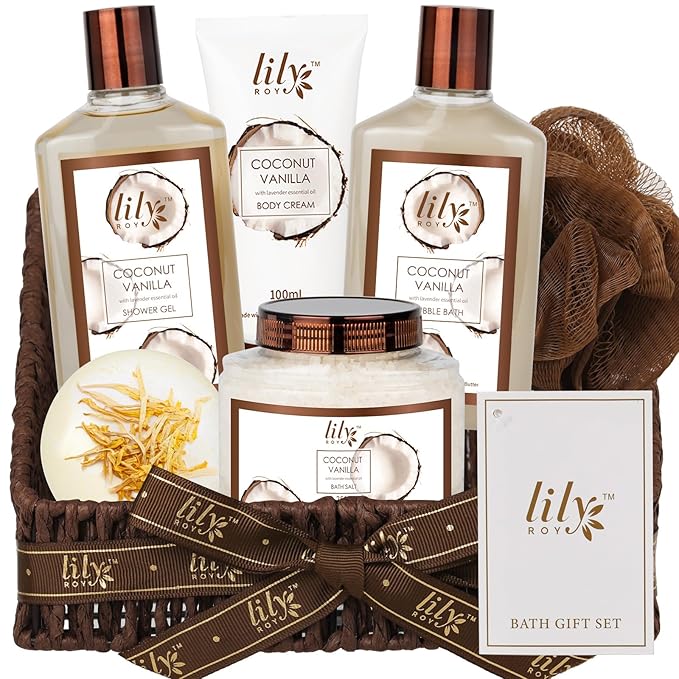 Gifts for Women and Men, Mothers Day Gift Basket for Mom, Bath and Body Gift Basket Set - 7Pcs Coconut Vanilla Spa Gift Basket Set | Christmas, Birthday, Gifts for Mom, Gift for Mom and Dad