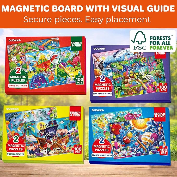 QUOKKA Magnetic Puzzles for Kids Ages 4-6 – 100 PCS Magnetic Puzzle Book for Toddlers 3-5 – 2 Puzzles & 2 Spot The Difference Maps – Search & Find Travel Games – Activity Book Bugs & Polar Animals