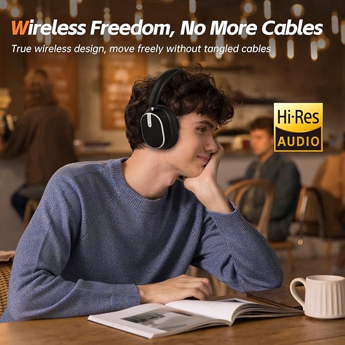 Hybrid ANC Over-Ear Headphones – Bluetooth 6.0, 60H Battery, Hi-Res Audio, Deep Bass, Memory Foam Ear Cups (Black)