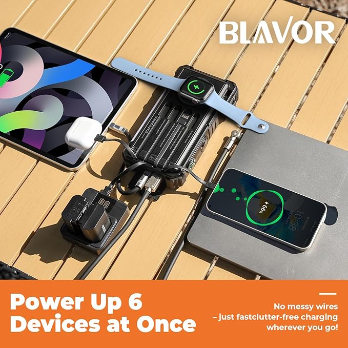 BLAVOR Solar Power Bank 20000mAh Built-in Cables, Wireless Charger for Phones & Apple Watch, 20W Fast Charging Battery Pack with USB C, Flashlight, Solar Charger for iPhone, iPad, iWatch, Samsung