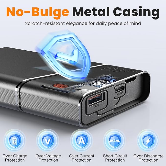 Aaoyun Portable Charger Power Bank, 22.5W PD Fast Charging Powerbank with Built-in USB C Cable, Slim External Phone Battery Pack for iPhone 17/16/15 Samsung S24 Android etc (Black-20000mah)