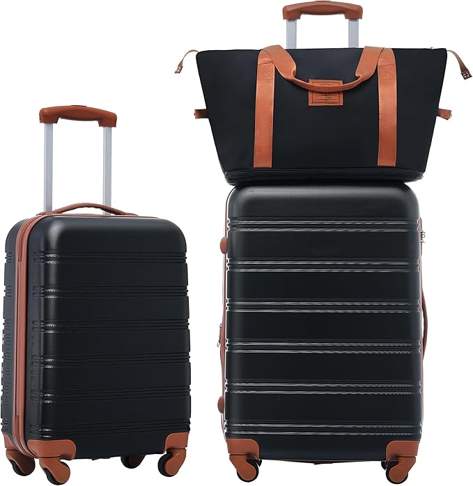 2 Piece Luggage Sets with Travel Bag, Lightweight Expandable Checked Luggage Sets, Hardshell ABS Spinner Wheels Carry on Suitcase with TSA Lock, for Travel, Women Men, 20 IN&24IN, Black Brown