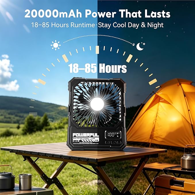 Portable Fan, Camping Fan, 20000mAh 6-Inch 18-85H Rechargeable Ultra Thin Foldable with Built-in Power Bank, LED Light, Remote Control, Hook for Outdoor Camping Tent RV Travel (Khaki)
