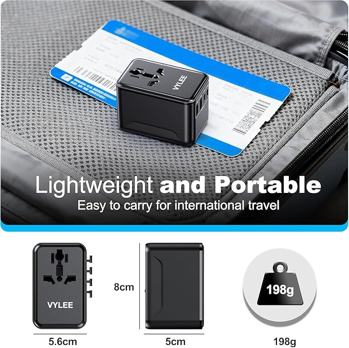 VYLEE Universal Travel Adapter, Type D/G/C/I/A International Adaptor with 2 USB C 2 USB A, Worldwide Charger for Europe UK Maldives Sri Lanka India Nepal Ghana Zimbabwe Tanzania Nigeria (Black)