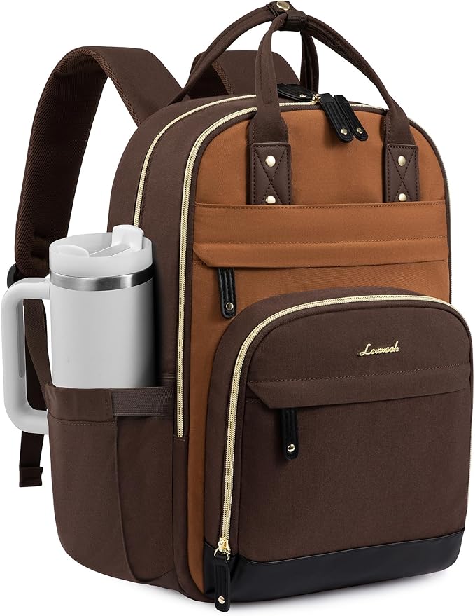 LOVEVOOK Laptop Backpack Women with Tumbler Holder,17.3 inch Work Travel Backpack Computer Laptop Bag,Cute College Nurse Teacher Backpack Purse,Gifts for Women & Men,Brown-Yellowish-brown-Coffee brown