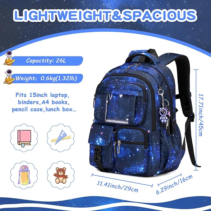 PIG PIG GIRL Kids Backpack for Girls Boys School Bags for Middle School Students Book Bag for Elementary Primary Kawaii Ita Backpack, Galaxy Astronaut