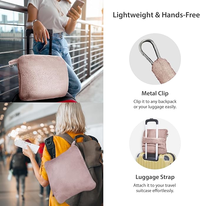 DEZ FURNISHINGS 4-in-1 Travel Compact Blanket Pillow Super Soft Velvet with Luggage Sleeve and Backpack Clip, Dusty Pink, 60" W x 45" H
