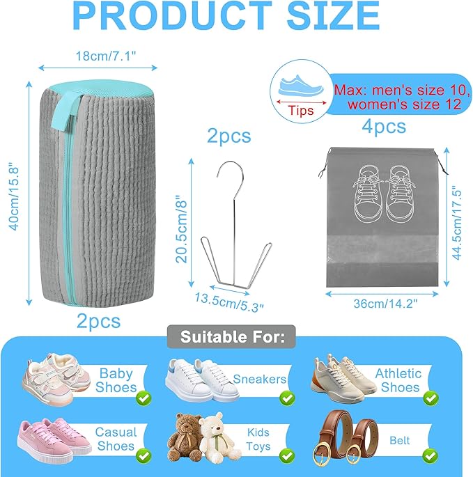vorona Shoe Washing Machine Bag, 2PCS Reusable Shoe Bag for Washing Machine, 360° Deep Clean, Includes 4 Shoe Storage Dust Bags & 2 Drying Racks, XXL Laundry Shoe Bag for Sneakers Tennis Shoes, Grey