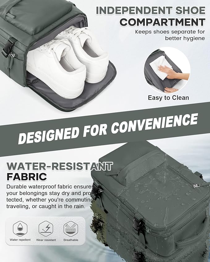 Large Travel Backpack for Women Men Airplanes Carry On Laptop Waterproof Hiking Backpack Person Item Flight Approved Outdoor Sports Rucksack Casual DaypackMochila De Viaje Gym traveling bag Green