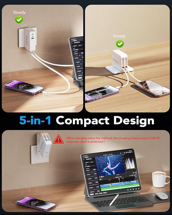 65W for MacBook Pro Charger,5-in-1 Retractable Wall Charger Plug for iPhone 17,3.94 ft PD USB C&Lightening Cable&3 Ports,Fast Charging Block for Mac Book Pro/Air,M1 M2 M3 M4 M5,iPad Pro,Galaxy,Pixel