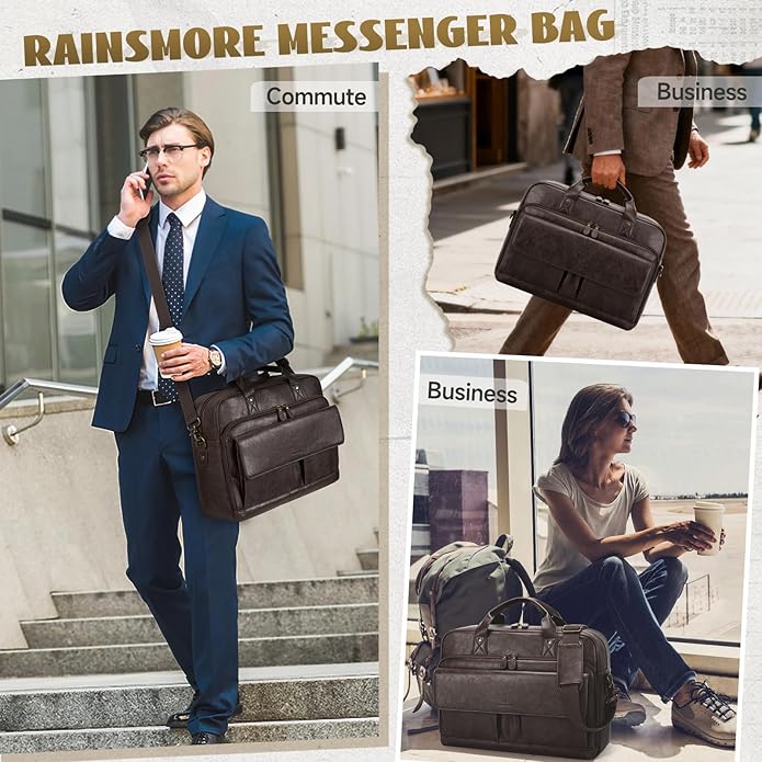 RAINSMORE Mens Laptop Bag PU Leather Messenger Bag 15.6 Inch Briefcase Vintage Computer Satchel Bag for Work Business