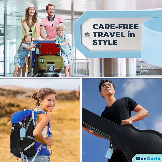 BlueCosto - Luggage Tags - Large, Blue, 5 PK - PVC Suitcase Tags w/Privacy Cover & Stainless Steel Wire Loops - Personalized Baggage Identifiers for Travel - Backpack Name Labels