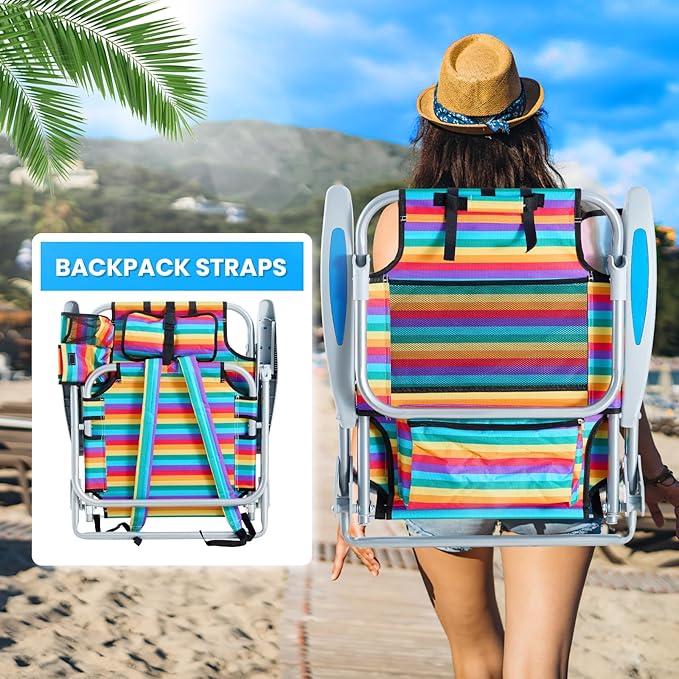 2 Pack Lightweight Portable Camping Beach Chair for Adult, Outdoor Lay Flat Folding Beach Chairs with 5 Position, Backpack Beach Chair with Towel Bar, Zipper Pouch, Cup Holder, Rainbow Striped