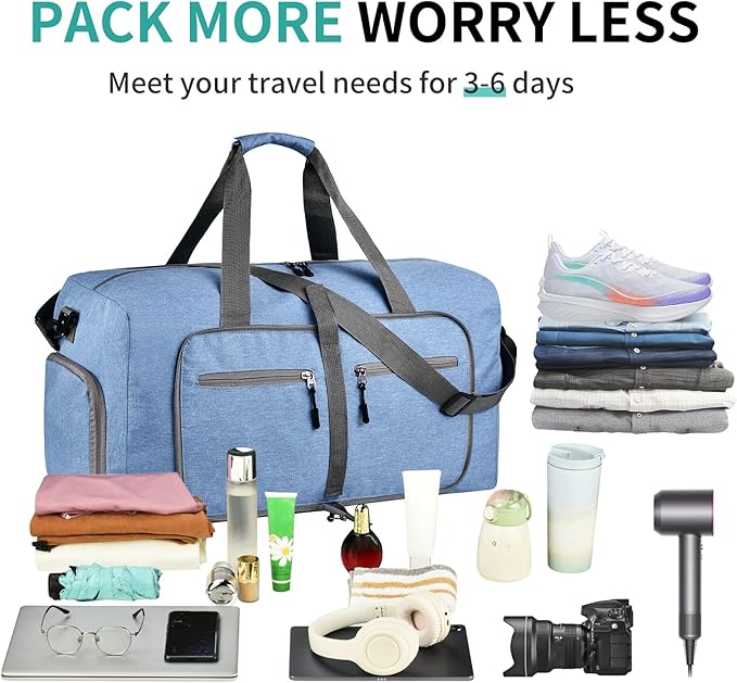 Dimayar 65L Travel Duffle Bag for Men Women - Foldable Duffel Bag with Shoes Compartment - Overnight Bags Waterproof & Tear Resistant(Blue)