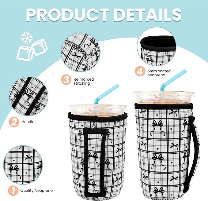 KJQJLY 3 Pack Reusable Iced Coffee Sleeves for Iced Coffee Cups or Drinks Reusable Neoprene Insulated Sleeves for Hot and Cold Drinks from Starbucks, Dunkin, And More (Black Bow)