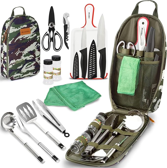 Wealers Camp Kitchen Cooking Utensil Set Travel Organizer Grill Accessories Portable Compact Gear for Backpacking BBQ Camping Hiking Travel Cookware Kit Water Resistant Case