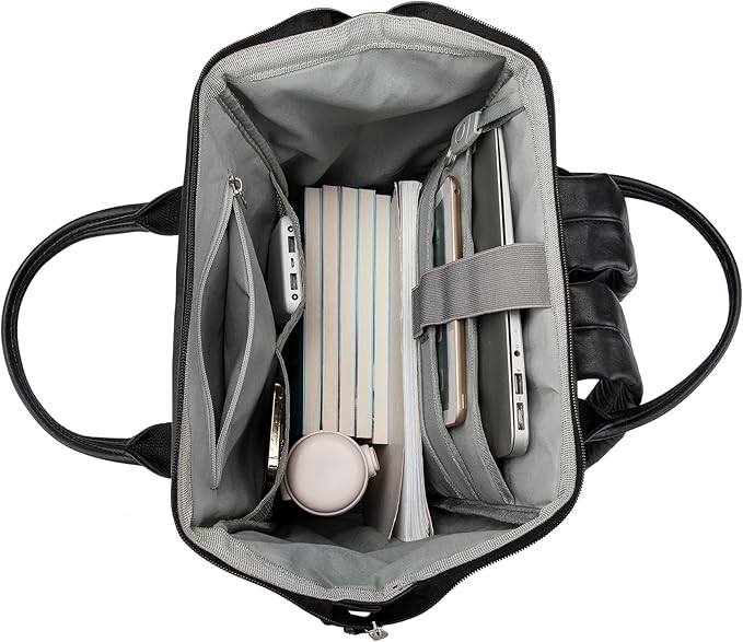 Kinmac Laptop Backpack for Women and Men, Large Capacity Travel Backpack for 15.6 inch Laptop Computer (Black PU)