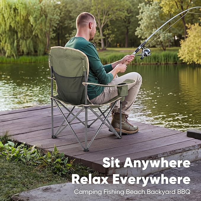 NEWBULIG Oversized Folding Camping Chair for Adults, Portable Outdoor Collapsible Chairs, 500 LBS Heavy Duty Support, with Cup Holders, Side Cooler & Pockets, for Lawn, Fishing, Hiking, Green