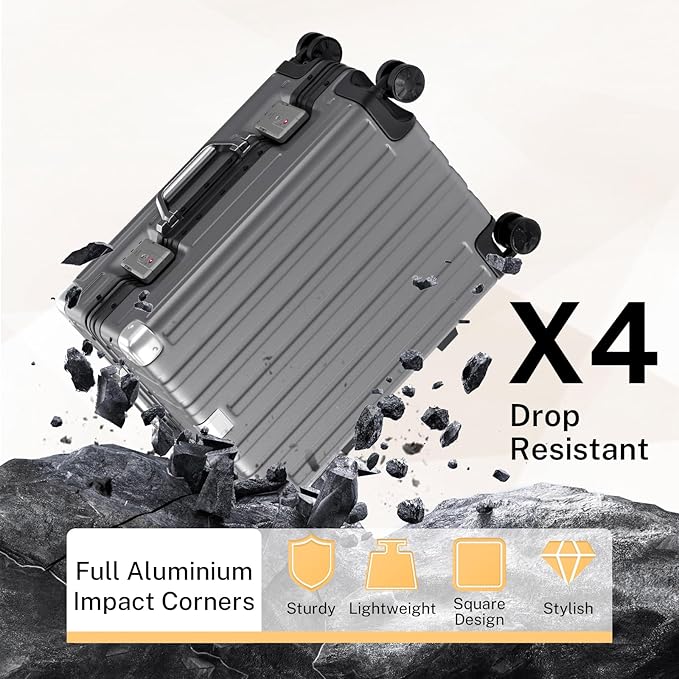 Krute Carry On Luggage 20 inch Aluminum Frame Luggage with Spinner Wheels Hardshell No Zipper PC+ABS TSA Lock Zipperless Suitcases Gray