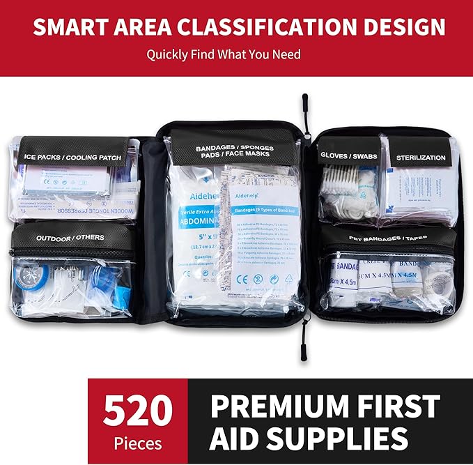 520 Pieces Premium First Aid Kit - Large Emergency Medical Kit for Survival, Car, Home, Travel, Camping, Backpack, Hiking, School (Black)