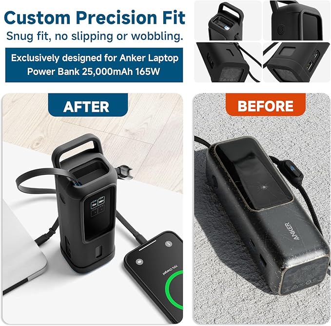 Silicone Case for Anker Laptop Power Bank 25,000mAh Portable Charger, Travel Protective Cover Compatible with Anker Power Bank 165W (Black Case Only)