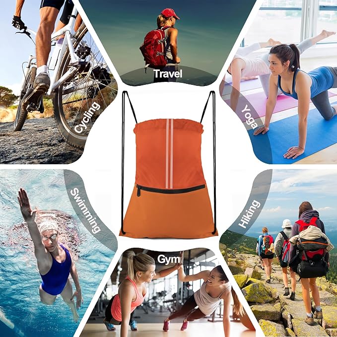 Drawstring Backpack Large Sports Draw String Bag for Women and Men (Orange)