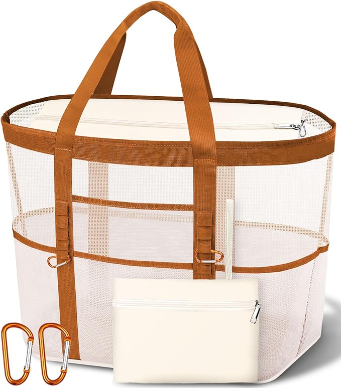 2026 Stylish & Spacious XX-Large Beach Bag for Women – Mesh × Canvas Tote with Top Zipper, 11 Tall Pockets | 40L+ Spacious, 11 Tall Pockets, Zipper Pouch, Secure Zip-Top, Sand-Resistant Base