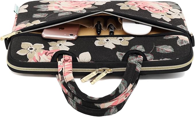 kayond Black Rose Patten water-resistant Laptop Shoulder Messenger Bag Case Sleeve for 14 Inch 14.1 Inch Laptop