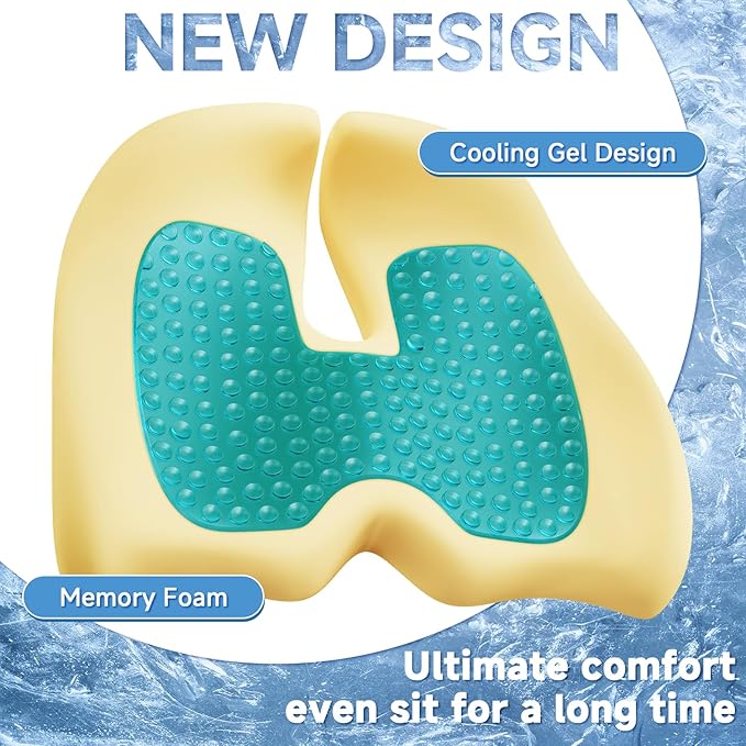 Benazcap Large Cooling Gel Seat Cushion for Office Chair Ergonomic Cushions-Gel & Memory Foam Coccyx Butt Pillow for Sciatica & Back Pain Relief for Long Sitting for Gaming Chair and Car Seat-Black