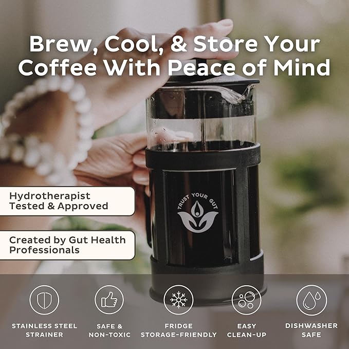 Trust Your Gut Premium Portable French Press Coffee Maker, Glass & Stainless Steel Enema Coffee Plunger, Durable and Heat-Resistant, Easy to Use, 1L Capacity