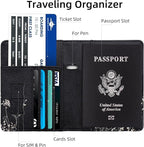 WALNEW Passport Holder for Travel, RFID Passport Cover Wallet for Women Men, PU Leather Passport Book Card Holder Case with Pen (Elastic Band Closure, D-Black Flowers)