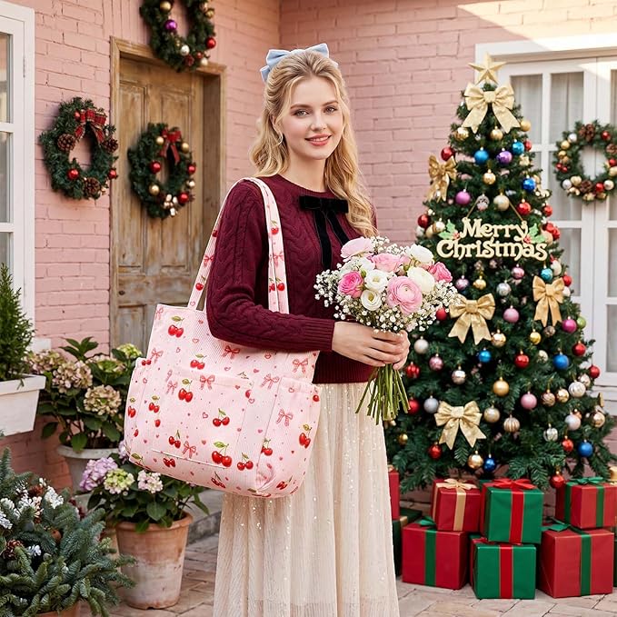 Corduroy Tote Bag for Women,Large Capacity Cute Tote Bags With 6 Pockets,Crossbody Shoulder Handbag for Work Travel Gym