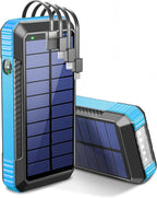 DJKK Solar Power Bank Portable Wireless Charger 52800mAh Built in 4 Cables and LED Camping Lights 22.5W Fast Charging Power Bank 7 Outputs 4 Inputs Charger Compatible with All Mobile Devices (Blue)