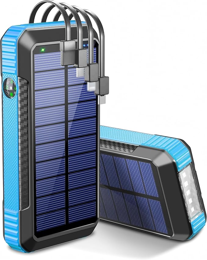 DJKK Solar Power Bank Portable Wireless Charger 52800mAh Built in 4 Cables and LED Camping Lights 22.5W Fast Charging Power Bank 7 Outputs 4 Inputs Charger Compatible with All Mobile Devices (Blue)