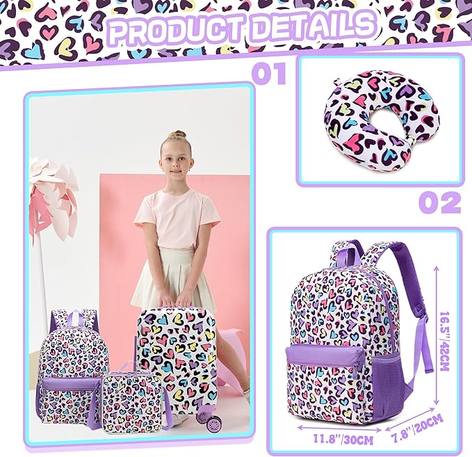 Kids Luggage with Spinner Wheels 5 Piece Carry on Suitcases for Girls Backpack with Lunch Box Pencil Case 16" Toddler Suitcase Set Airline Approved (Bainbow Leopard)