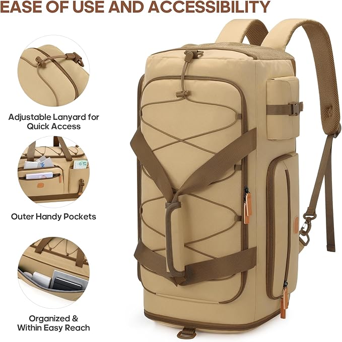 Gym Bag for Men and Women with Shoe & Laptop Compartment, 3-in-1 Sports Travel Duffel Bag Anti-Theft Weekender Carry-on Backpack for Airplane & Workout, Overnight Travel Bag, 35L, Khaki, Medium