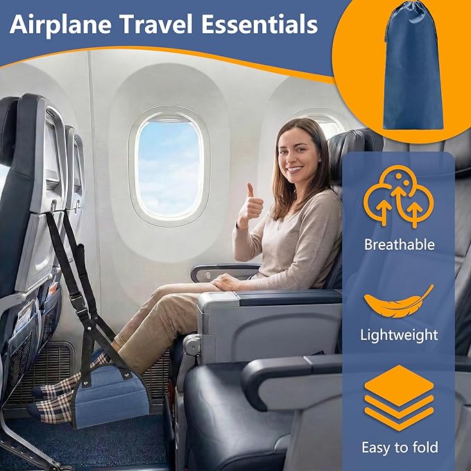 Airplane Footrest Hammock, Adjustable Foot Rest for Long Flights - Travel Must-Haves and Travel Essentials,Portable Airplane Gadgets for Flying Comfort(Navy Blue,1 Pack)