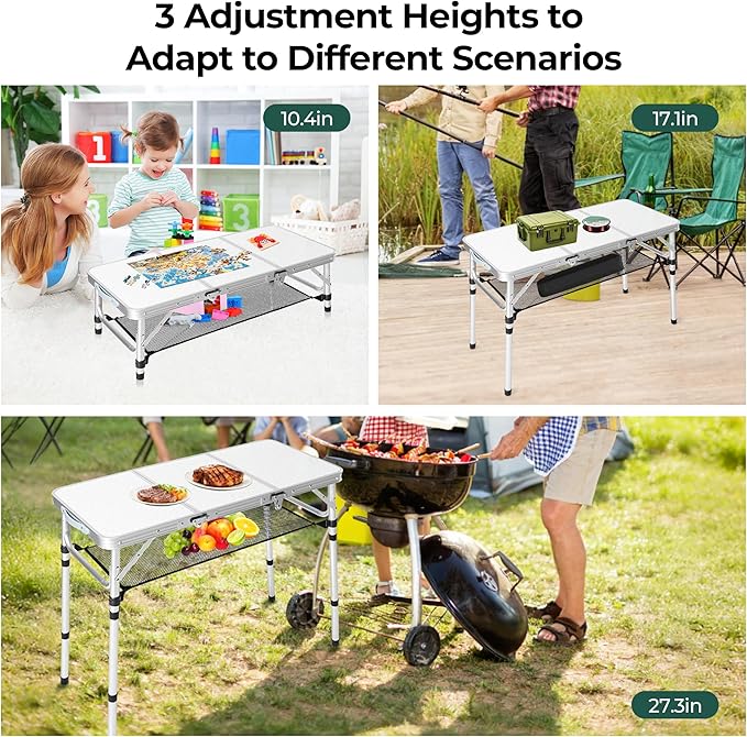 Folding Camping Table with Storage Net,3ft Portable Aluminum Folding Table with 3 Adjustable Height Max 27.3 Inch for Outdoor Backyard BBQ Picnic Cooking Tents Beach Indoor Bedroom（Silver）