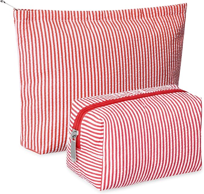 Huhumy 2 Pcs Makeup Bag Set Cute Cosmetic Pouch for Women Seersucker Travel Toiletry Bag Preppy Small Makeup Purse Pouch Aesthetic Skincare Brushes Storage Organizer for Valentine Women(Red)