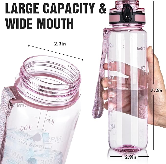 OLDLEY Water Bottle, 32oz Motivational Sports Water Bottle with Time Marker - Times to Drink - Tritan, BPA Free, Wide Mouth Leakproof, Anniversary Birthday Gifts for Men Women, Clear Pink