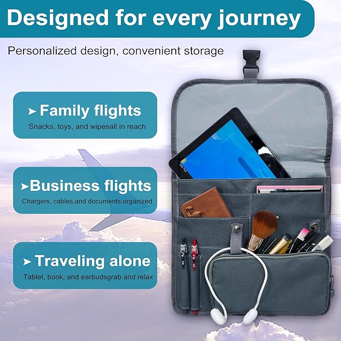 Airplane Seat Storage Pocket, International Travel Essentials,Airplane Pocket Organizer, Airplane Travel Accessories,Removable Toiletry Bag Designed (grey)