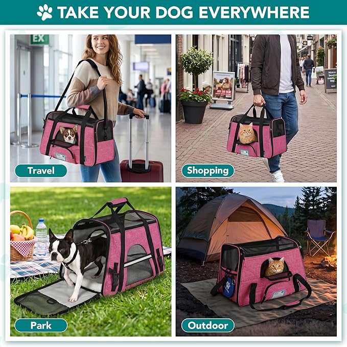 PetAmi Airline Approved Pet Carrier for Cats & Small Dogs, Soft Sided TSA Travel Carrier Bag Sherpa Bed, Breathable Mesh Ventilation, Collapsible Bowl, Fit Under Seat, Up to 18 lbs, Small Heather Pink