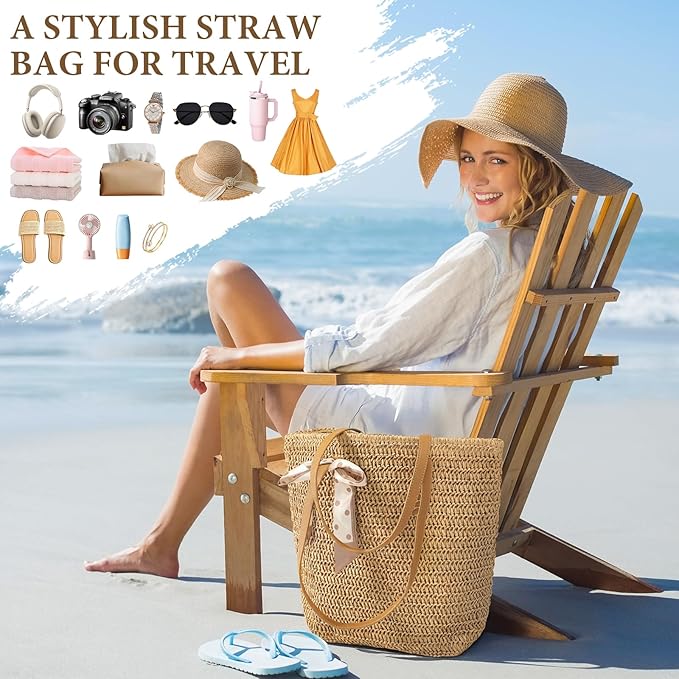 Trifabricy Beach Bags for Women, Large Straw Beach Bag, Beach Tote Bag Shoulder Handbags, Straw Bag Beach Purse for Summer